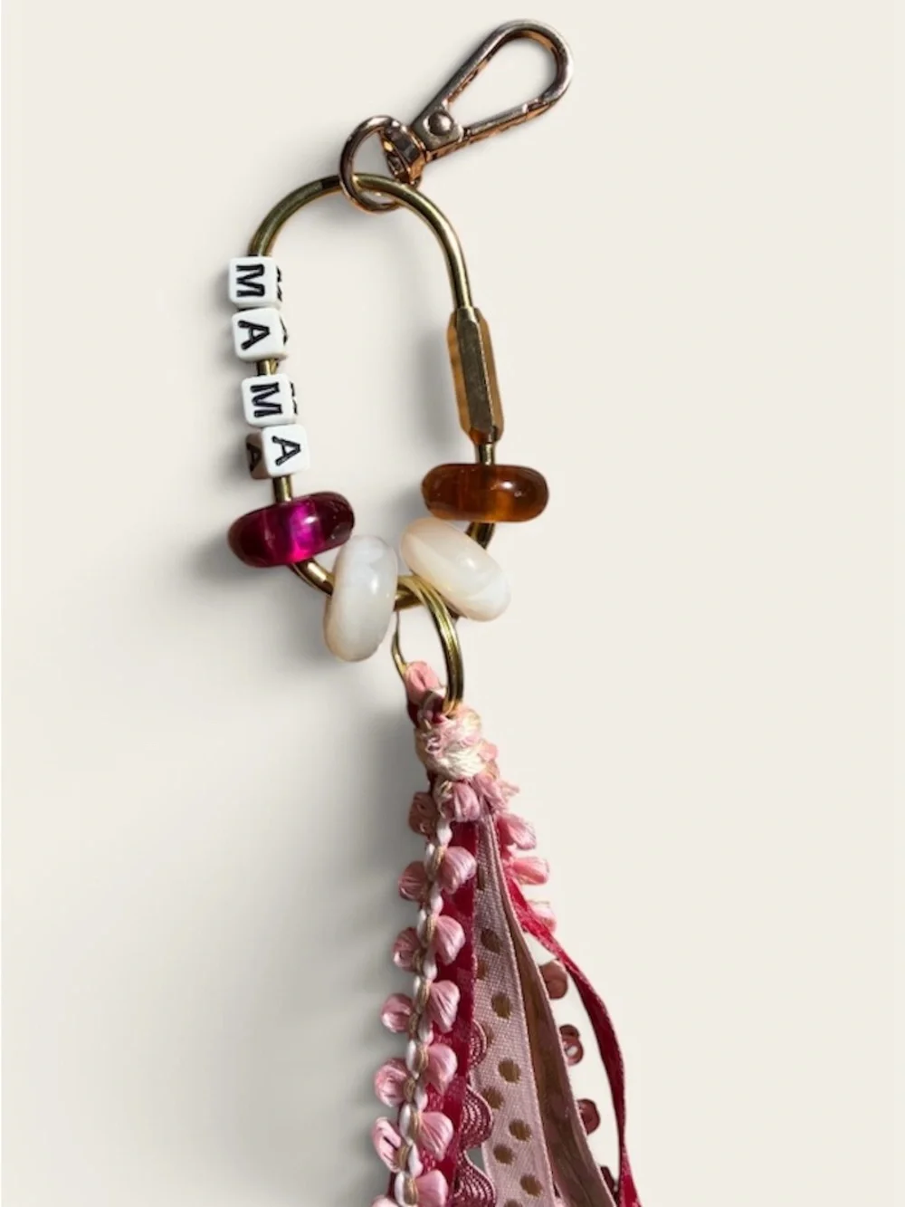 Mama Beaded Tassel Keychain - Pink & Cream